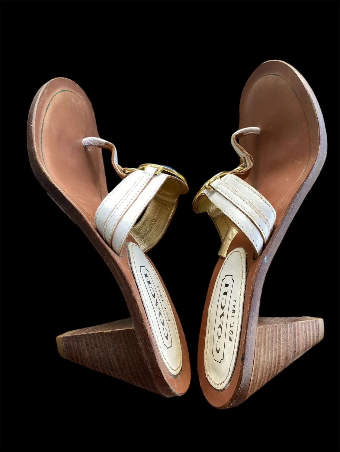 Coach White Leather Sandals with Blue Stone Accent image indicator(4)