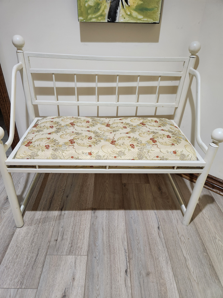 White painted Metal Bench with Floral Cushion