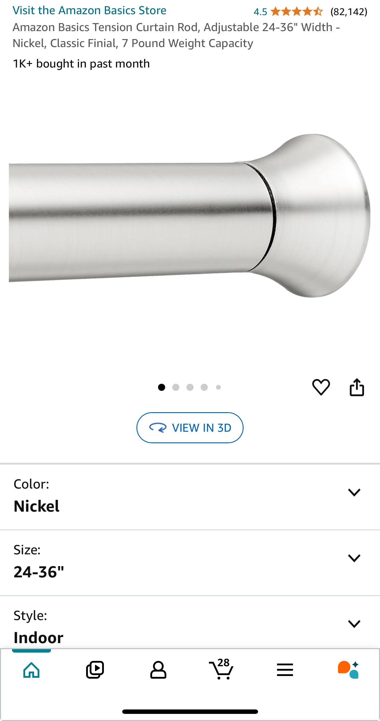 Amazon Basics Tension Curtain Rod, Nickel, 24-36"