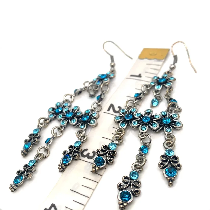 Blue Rhinestones Flower Chandelier Earrings image indicator(3)