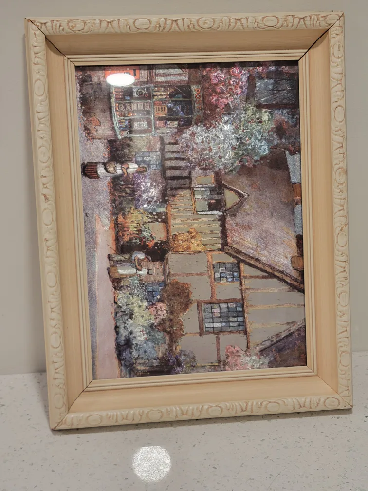 Mid Century Foil Lithograph in Antique Wood picture frame image indicator(4)