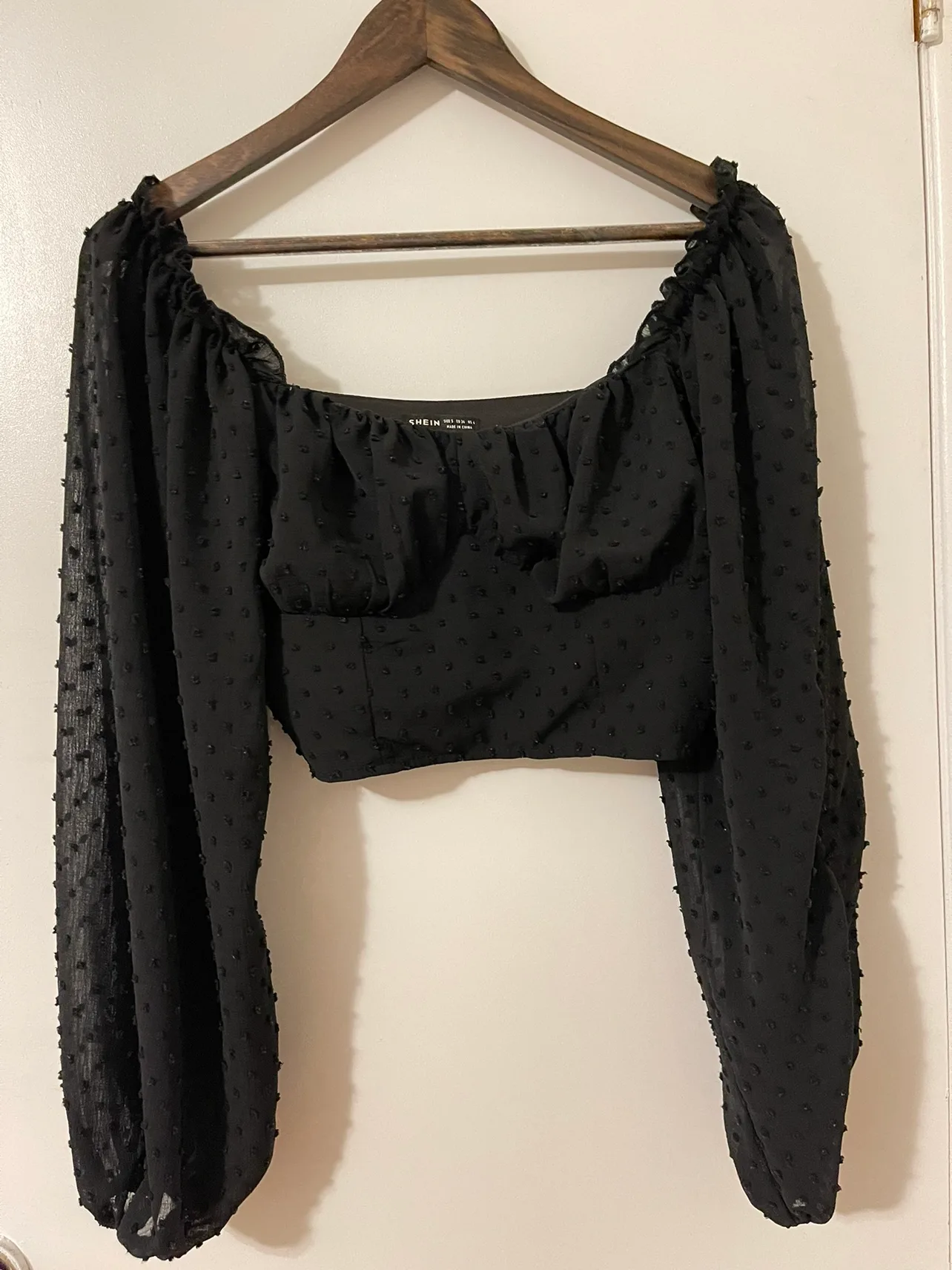 Black Dotted Long Sleeve Crop Top