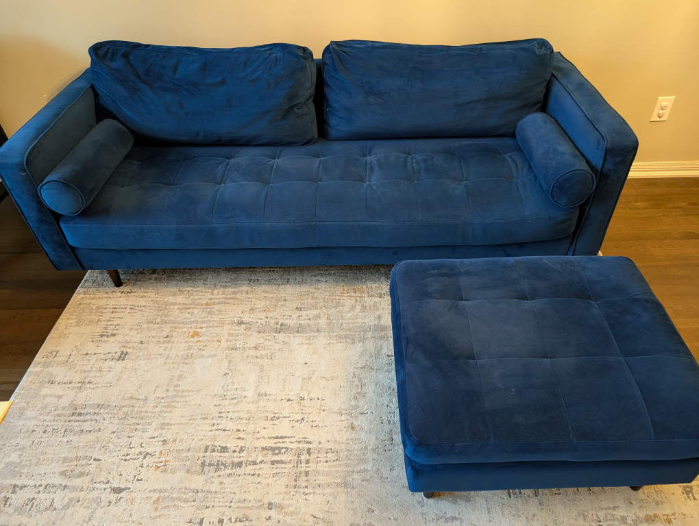 Blue Velvet Sofa and Ottoman
