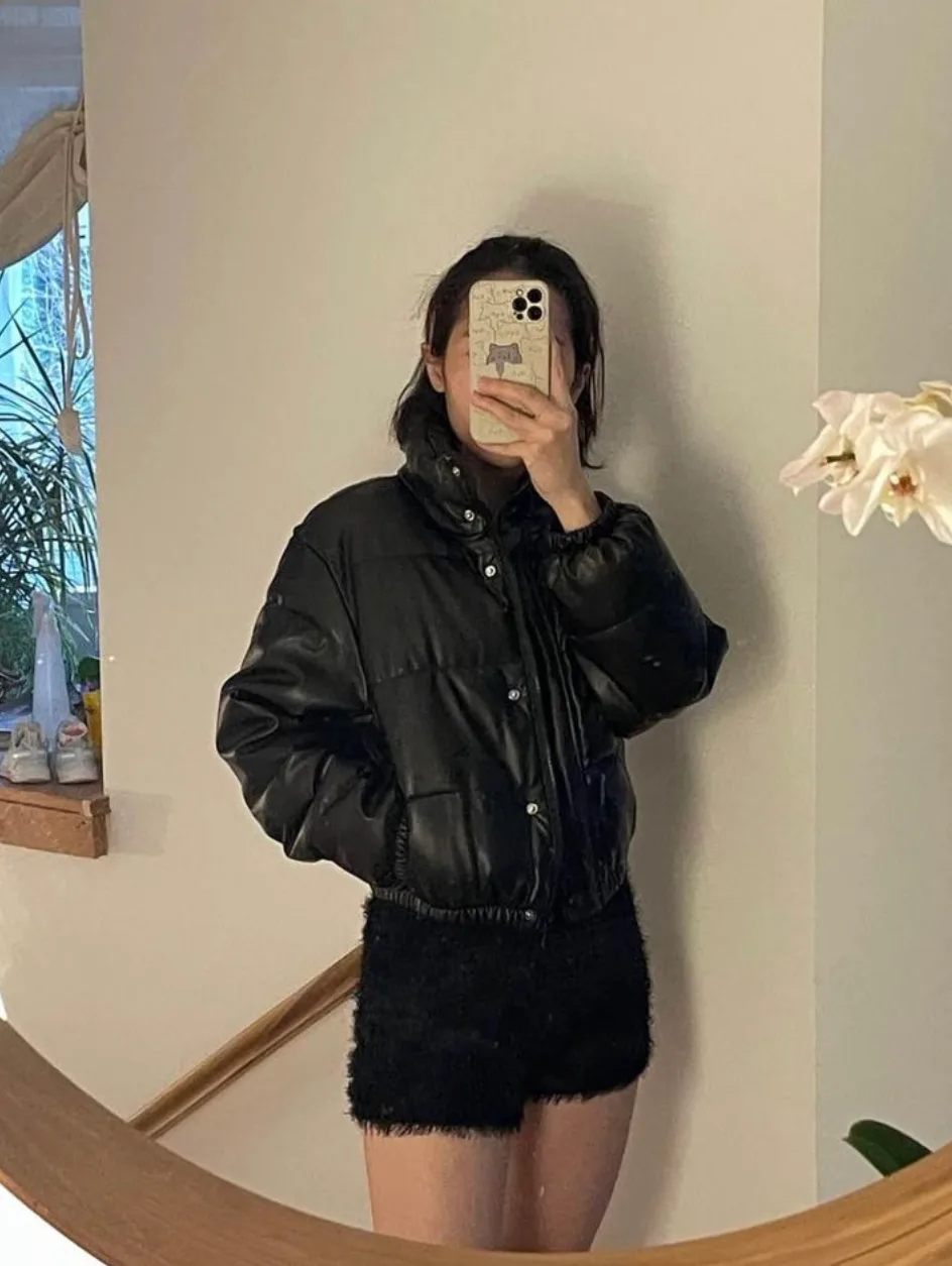 New! Black faux leather padded jacket image indicator(2)