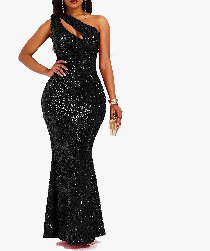 Black Sequin One-Shoulder Evening Gown image indicator(2)