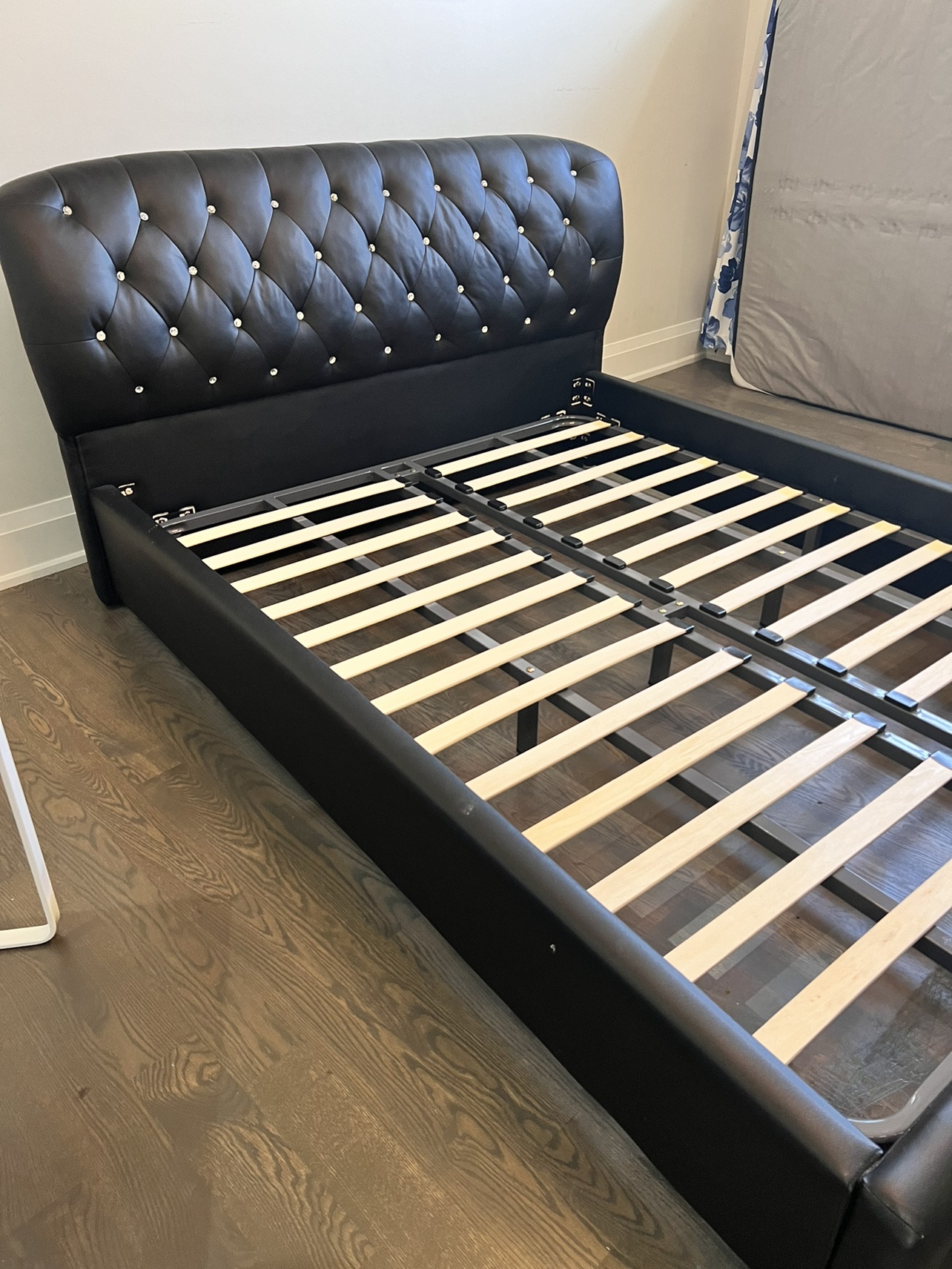 Queen Size Black Leather Bed Frame with Diamond Tufting