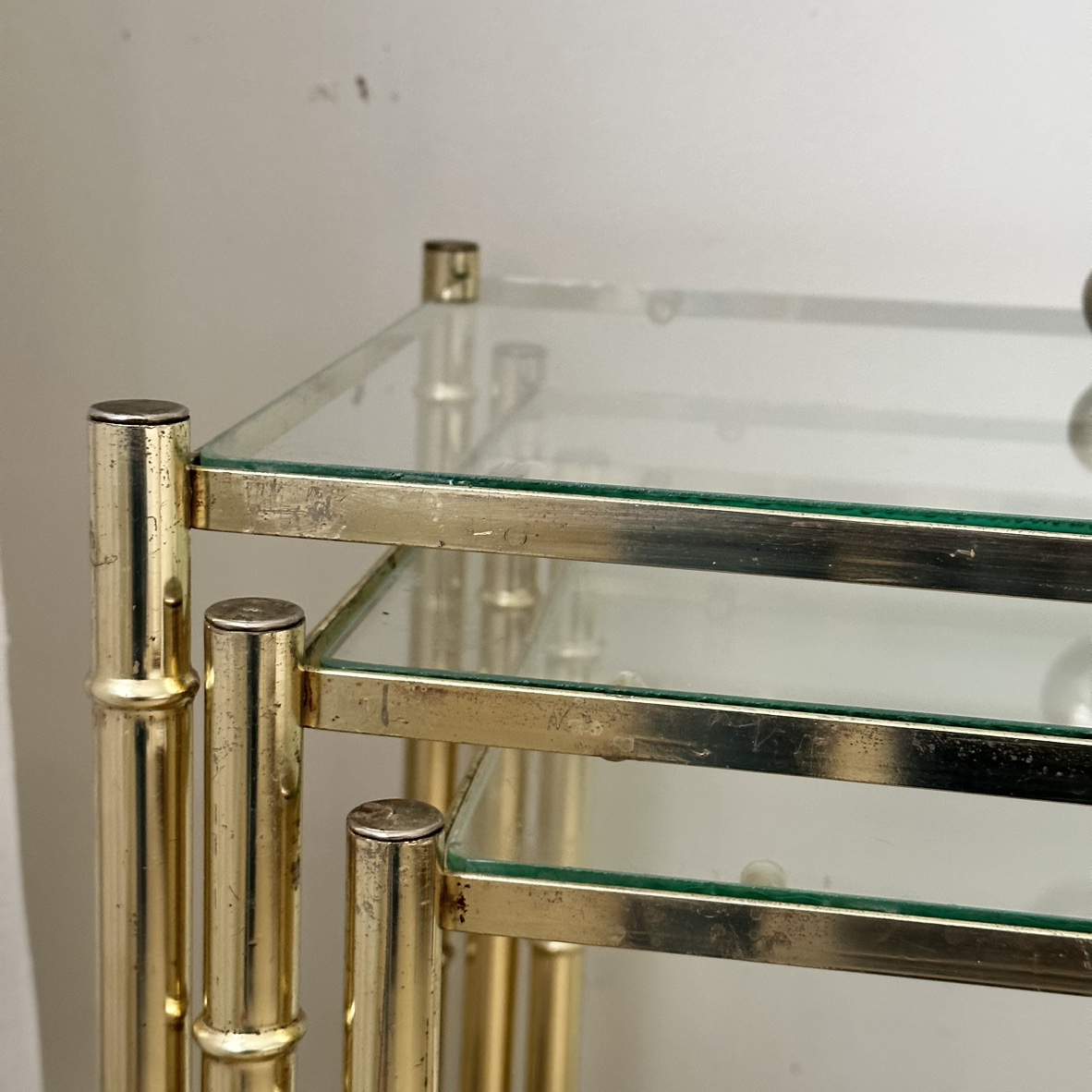 Set of 3 vintage glam art deco style gold glass nesting tables - photo 3