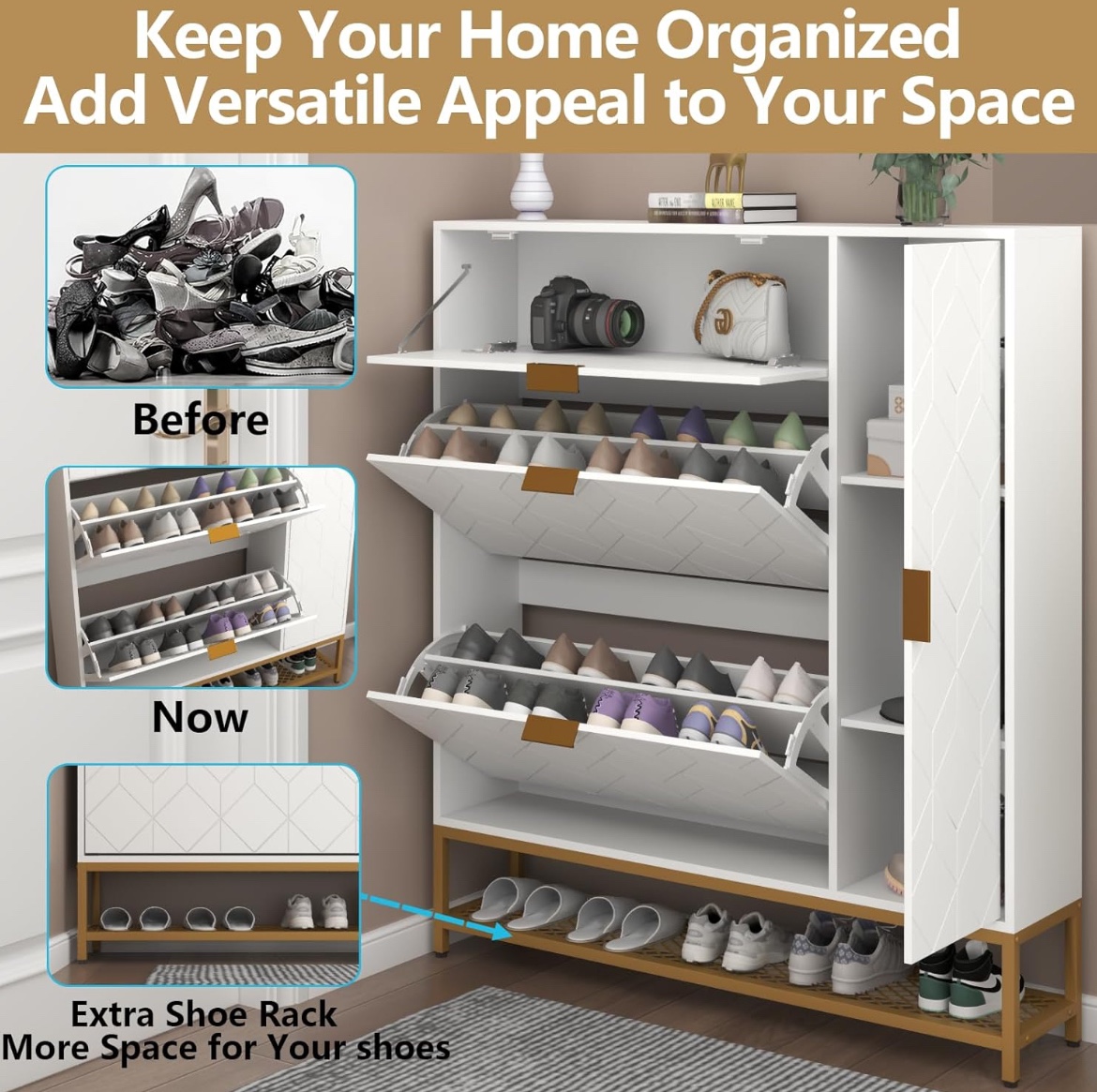 White Shoe Cabinet with Shelf and Storage - photo 2