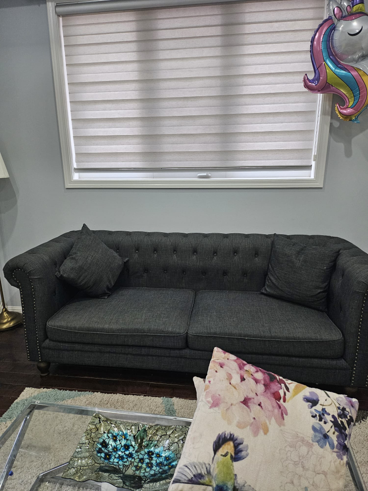 Grey Button Tufted Sofa with Table and Cushions