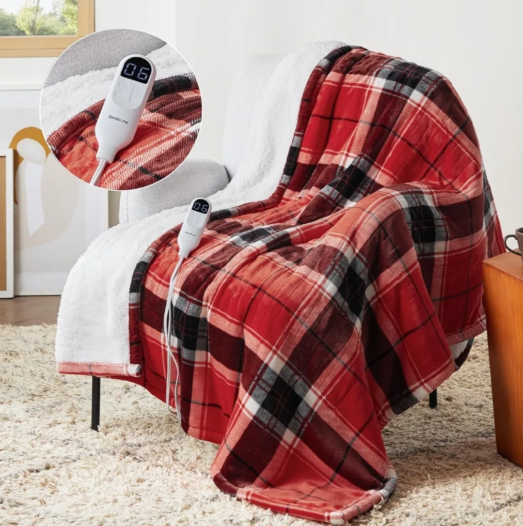 Bedsure Plaid Heated Throw Blanket -Safe - 6 Heat 50x60", Red image indicator(2)