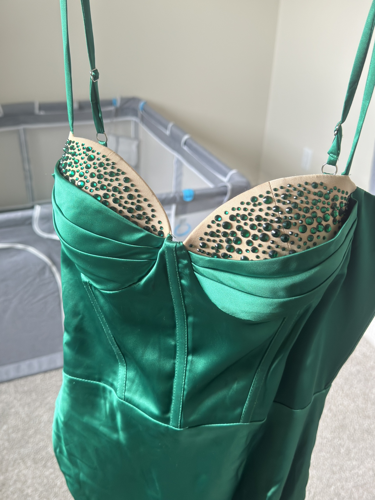 Green Rhinestone Satin Dress