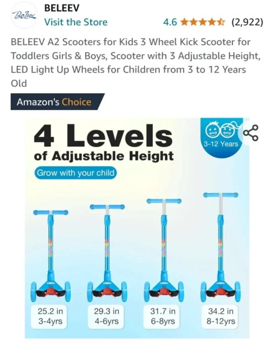 Blue 3-Wheel Kick Scooter beleev  new light up wheels thumbnail