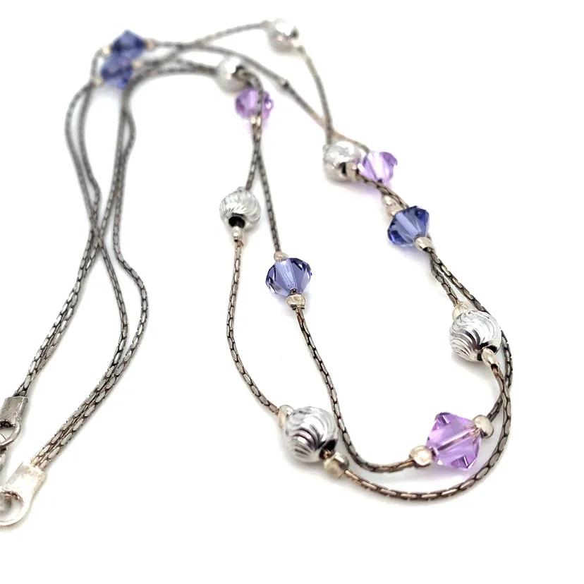 Double Chain Necklace with Pink/Purple Crystals image indicator(2)
