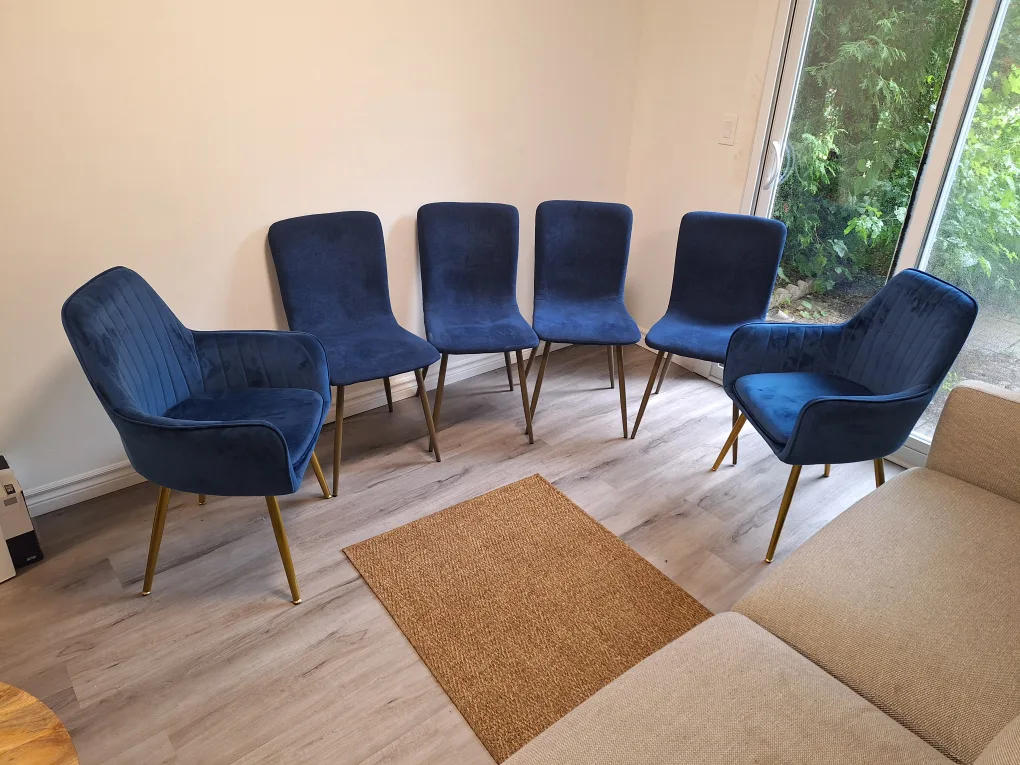 Set of 6 Blue Velvet Dining Chairs with Gold Legs thumbnail
