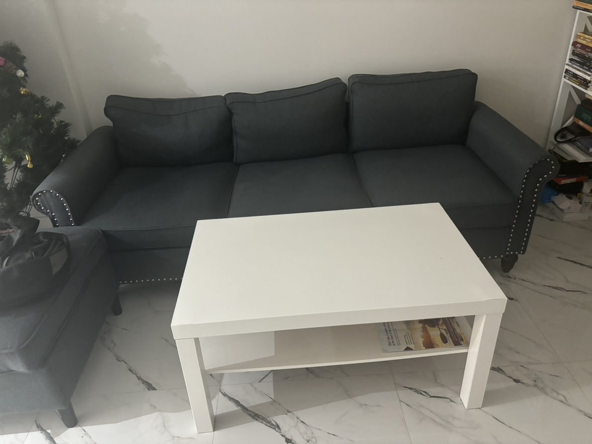 Grey Sofa with Ottoman and Coffee Table
