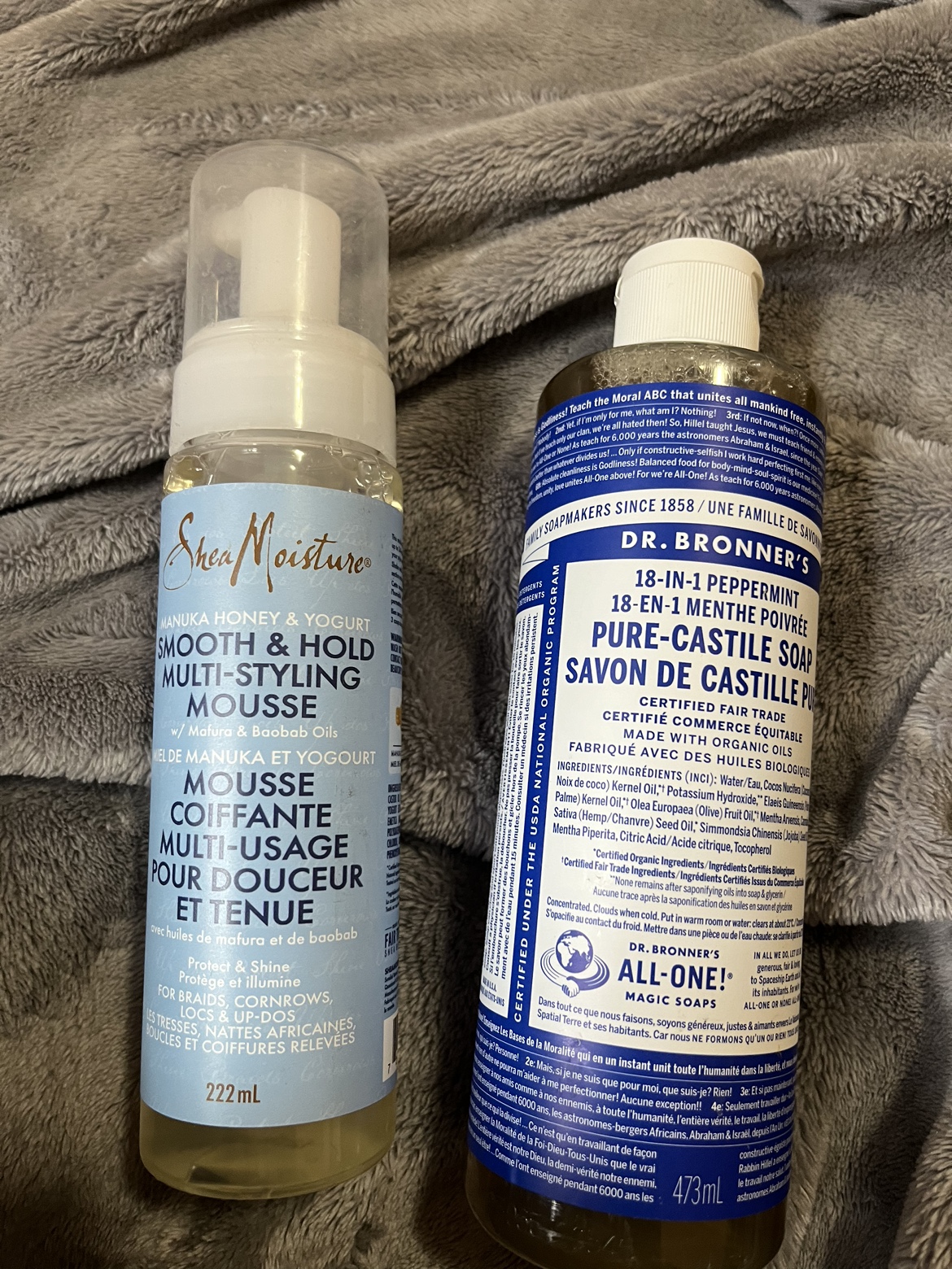 Styling Mousse and dr bronner castile soap