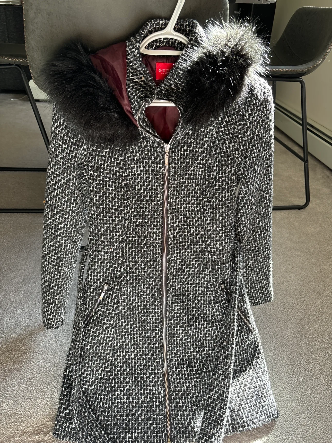 Guess Black and White Tweed Coat with Fur Hood thumbnail