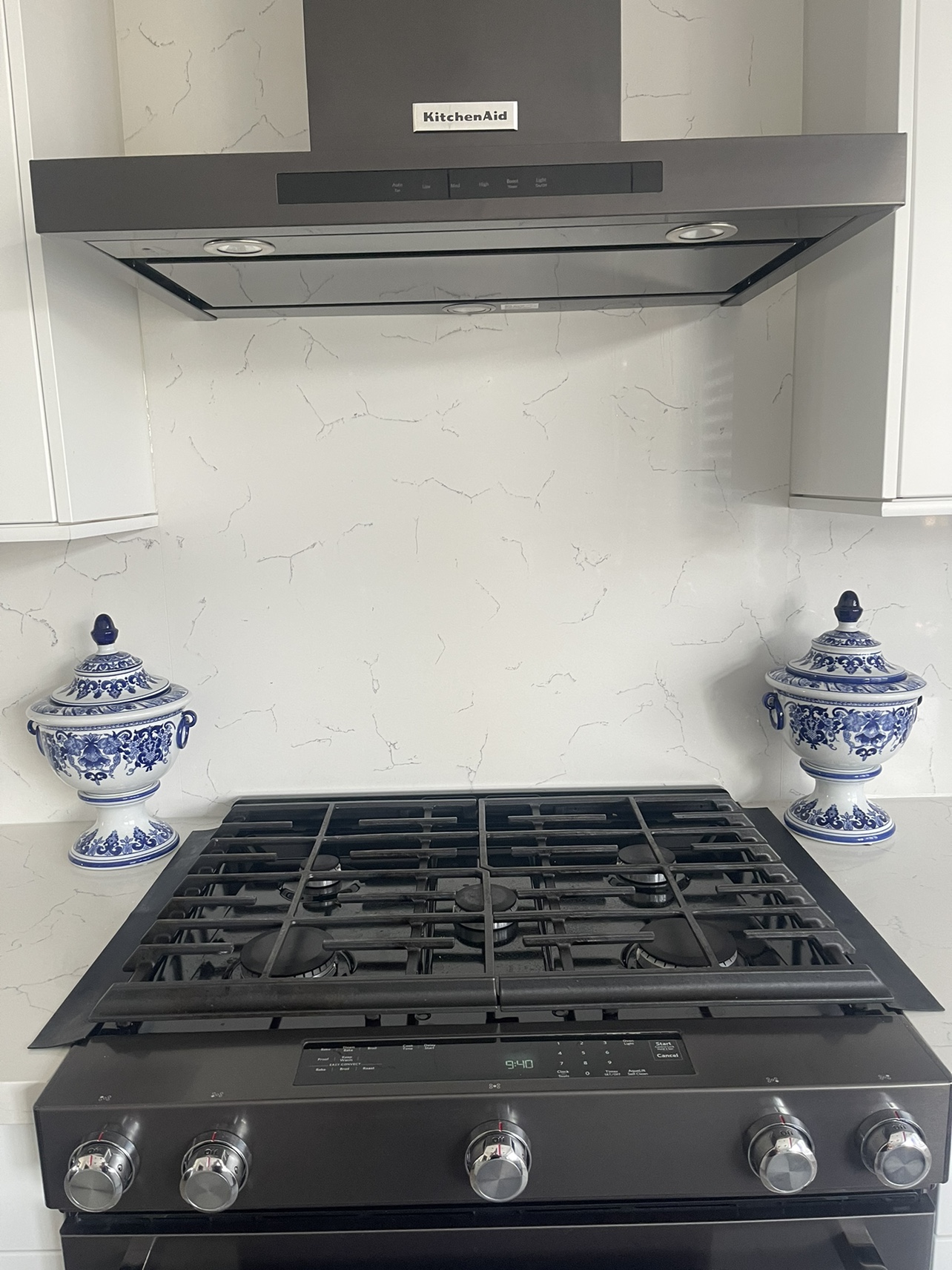 Blue and White Ceramic Urns with Lids