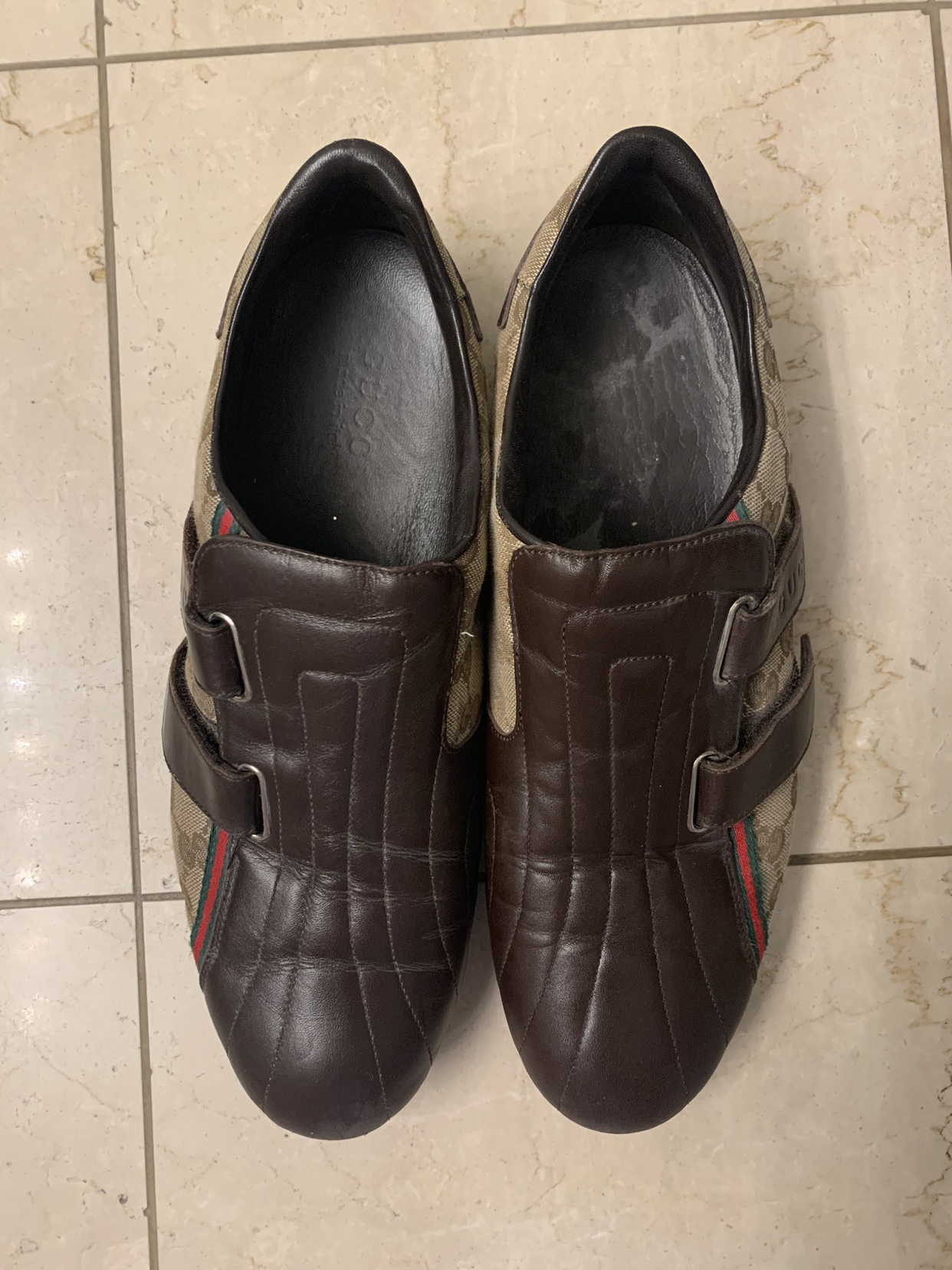 Gucci men’s Brown leather and Beige canvas Sneakers. Size 8.5 US