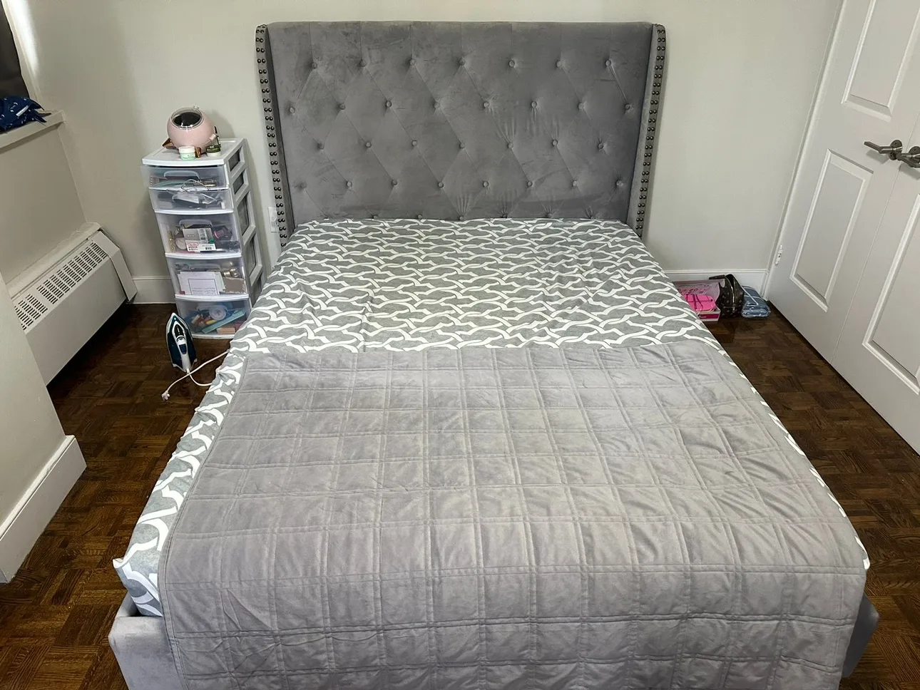 Grey Upholstered Bed Frame and queen mattress thumbnail
