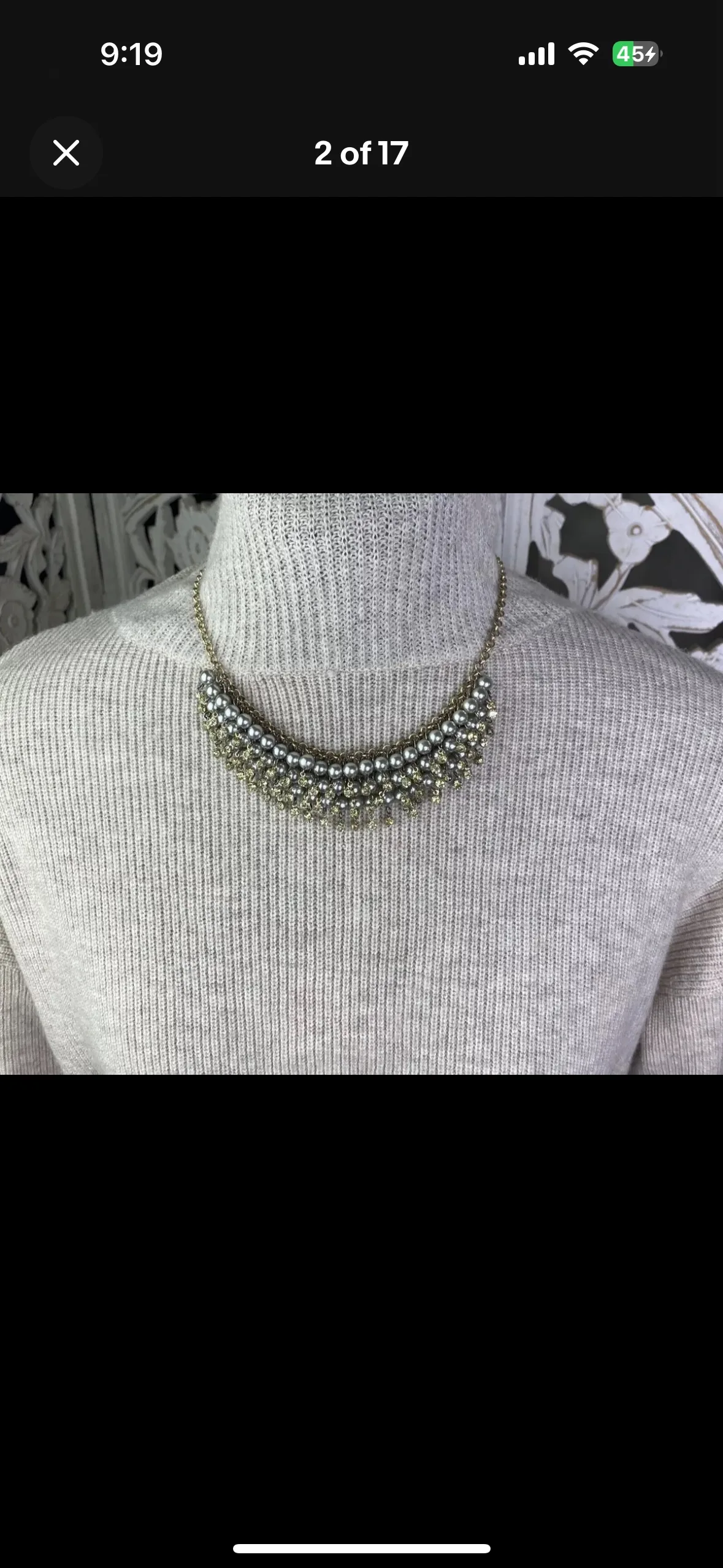 Loft Tiered Fan Bib Necklace Pewter Faux Pearl Crystals image indicator(2)