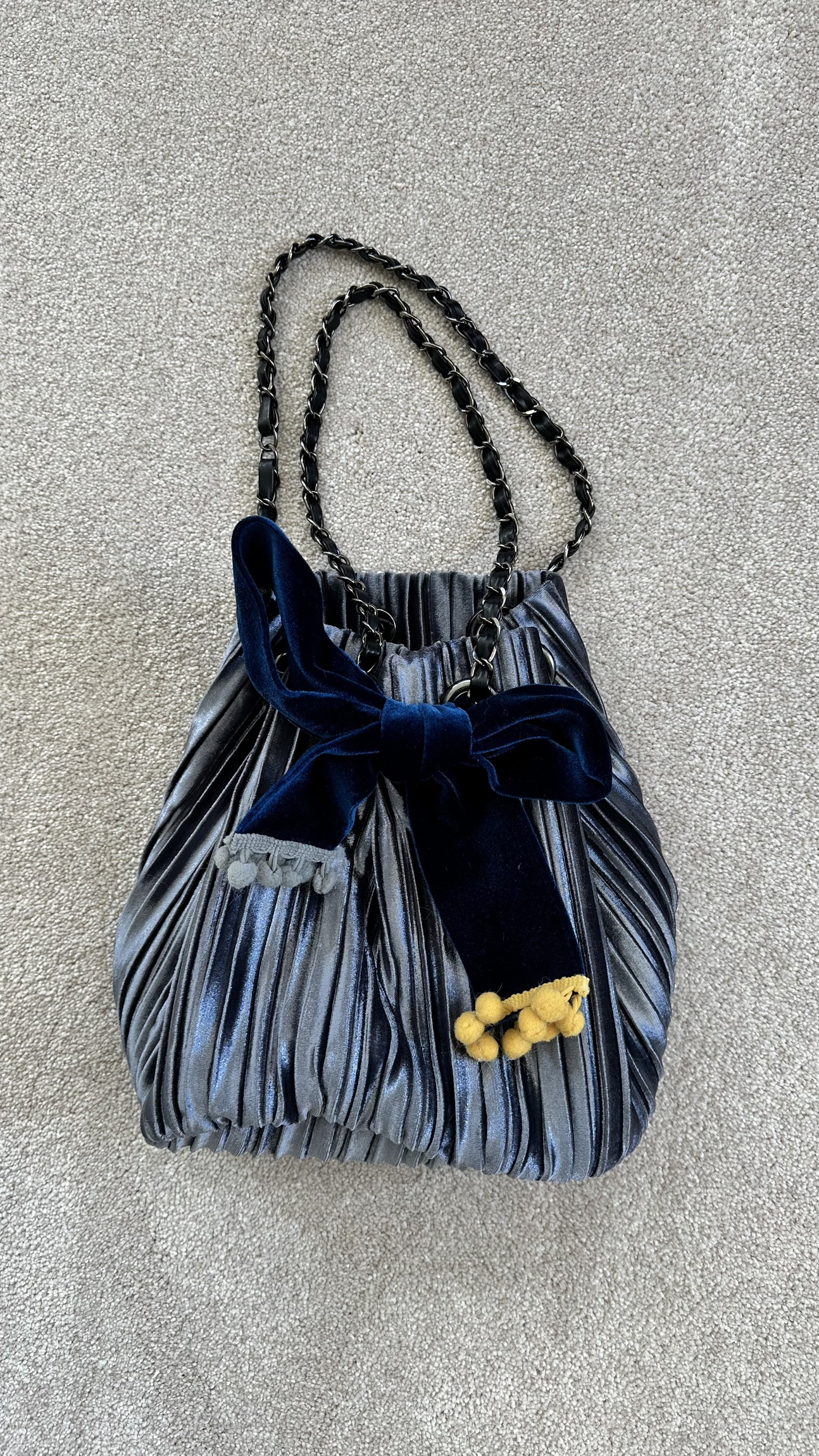 Silver Velvet Chain Bag with Bow