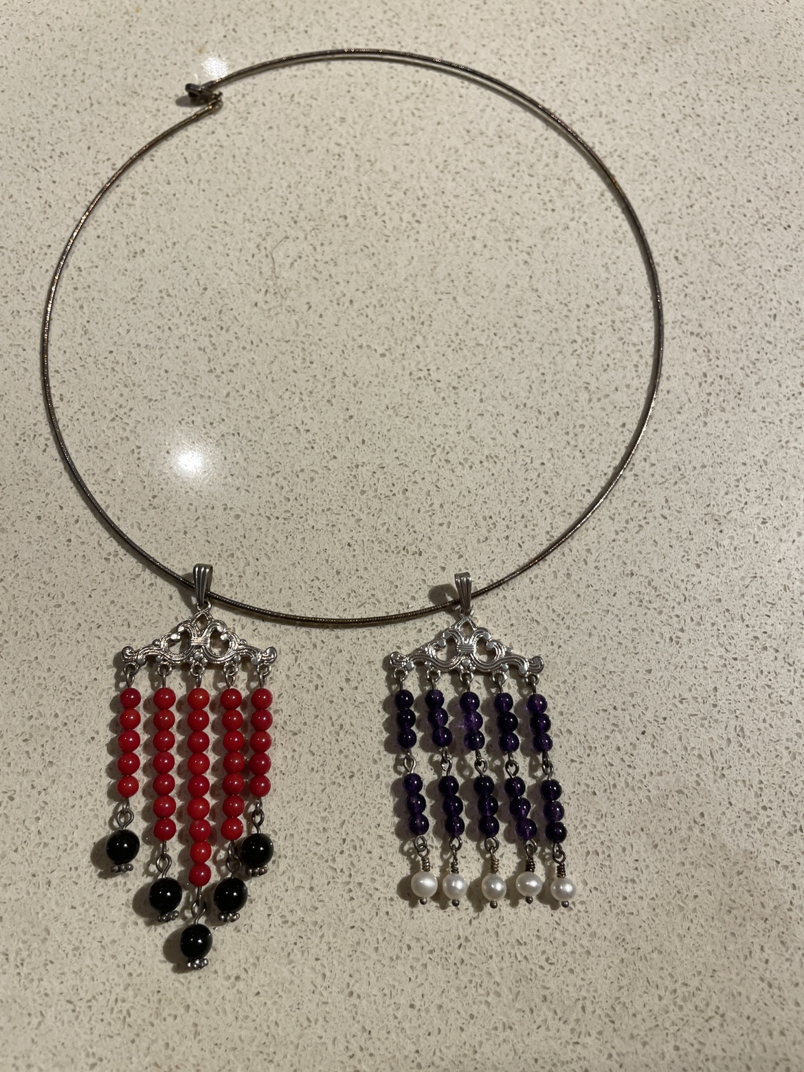 Silver Choker Necklace with Red & Purple Pendants