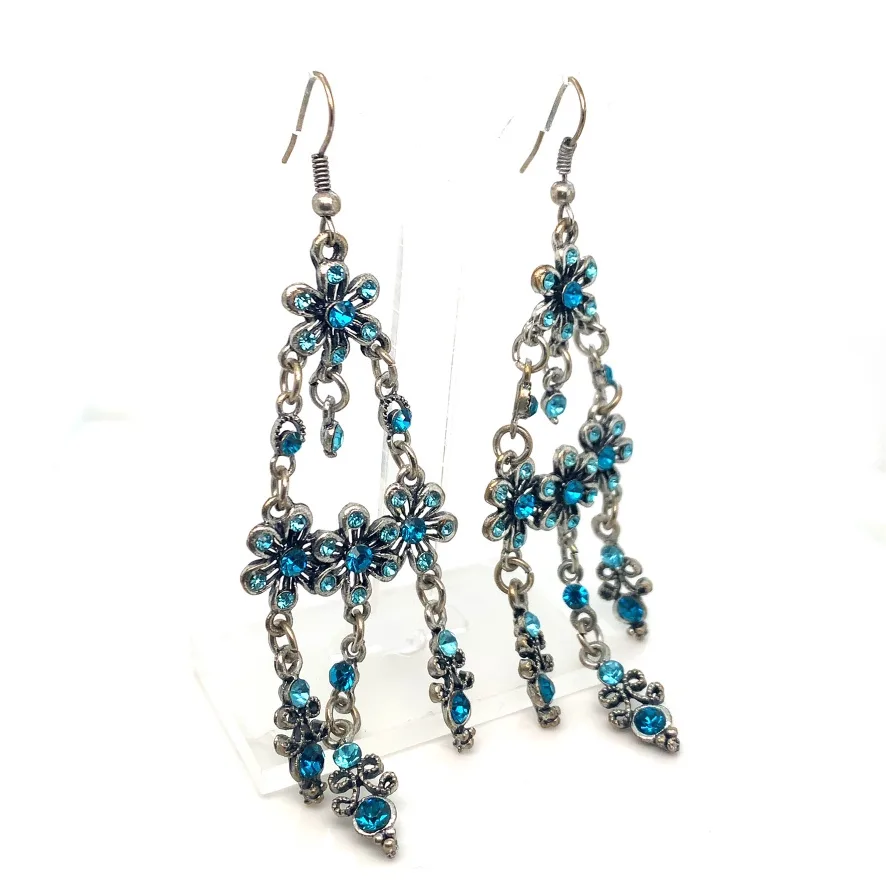 Blue Rhinestones Flower Chandelier Earrings image indicator(8)