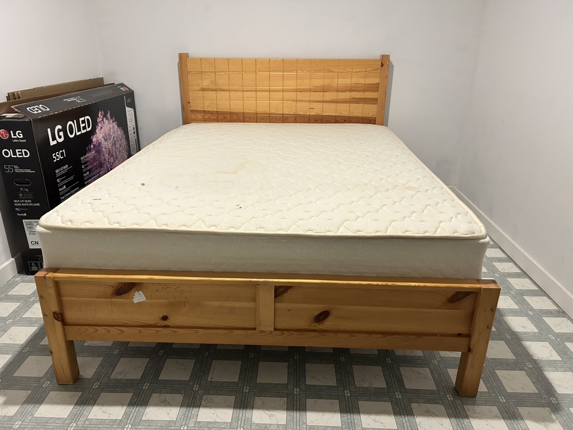 Pine Wood Bed Frame with mattress. Queen size.