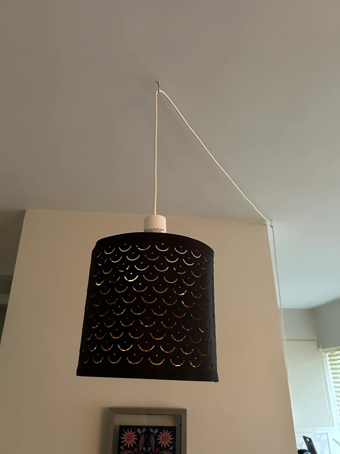 Black and gold IKEA pending lamp shade with cable and bulb thumbnail