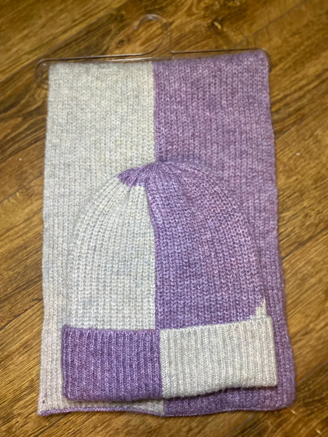 Purple and Beige Knit Hat and Scarf Set thumbnail