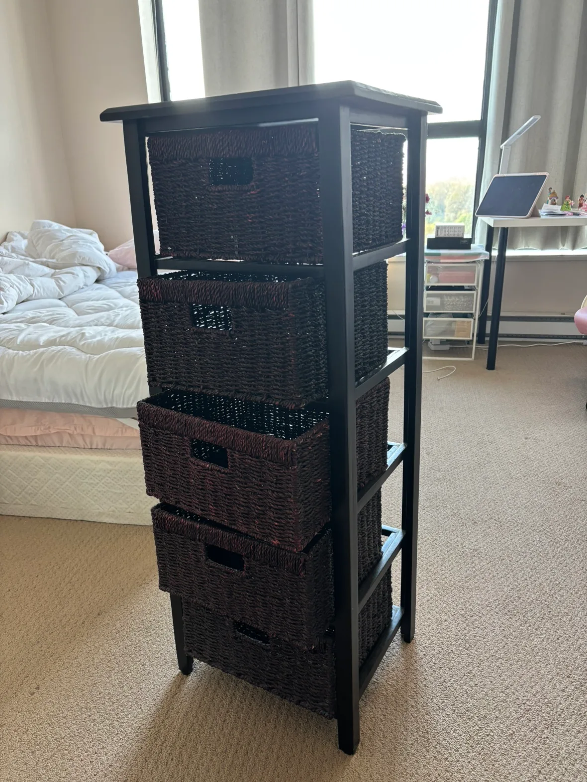 Black Wooden Storage tower with 5 Baskets