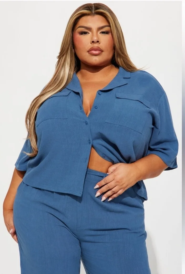 Blue Linen Button Up Shirt and Pant Set image indicator(2)