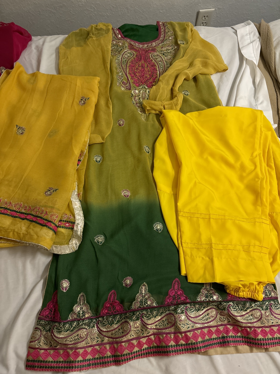 Green and Yellow,pink palazzo Kameez