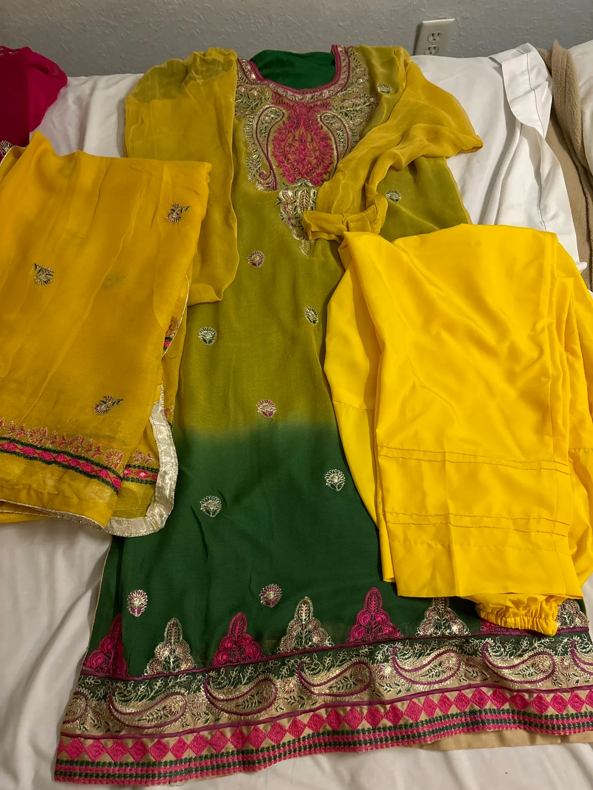 Green and Yellow,pink palazzo Kameez thumbnail