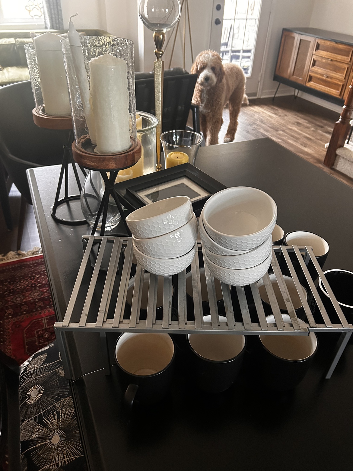 White and Black Mugs and Bowls and misc candle holders