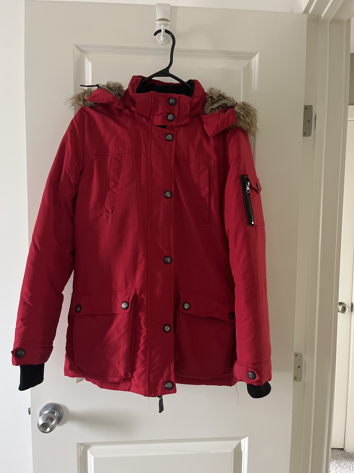 Red Winter Parka with Faux Fur Hood