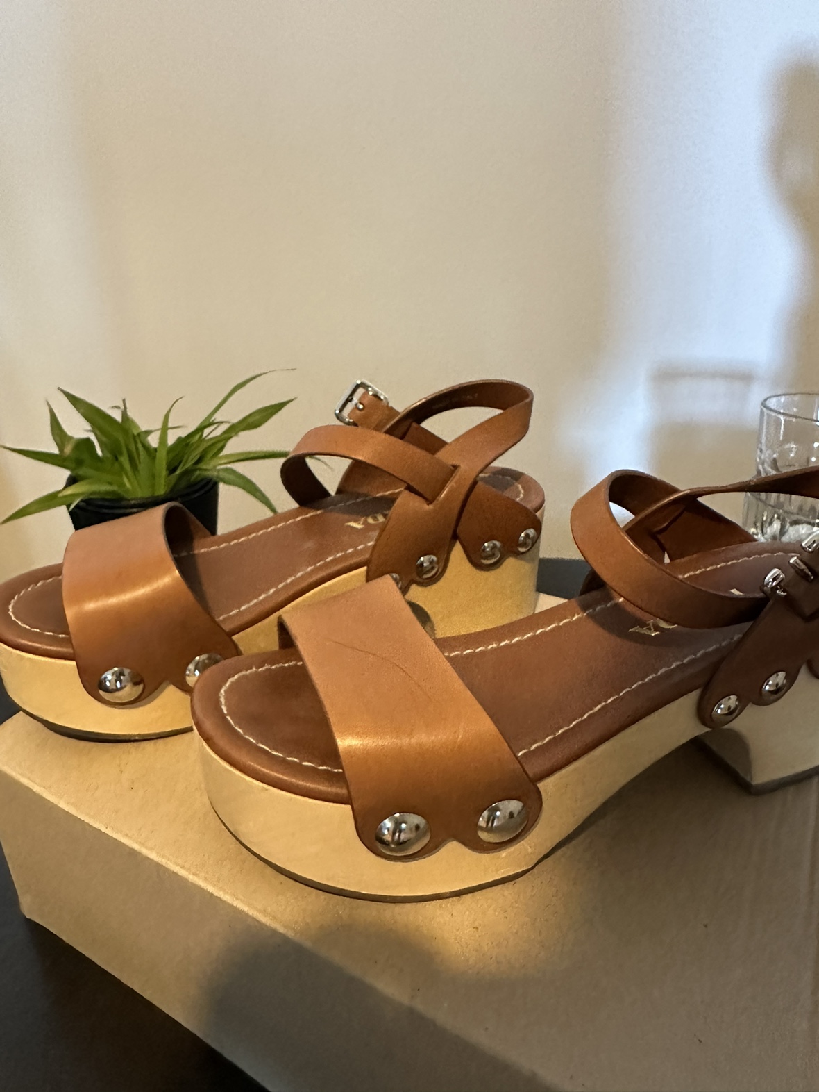 Prada - brown leather wooden block wedges -