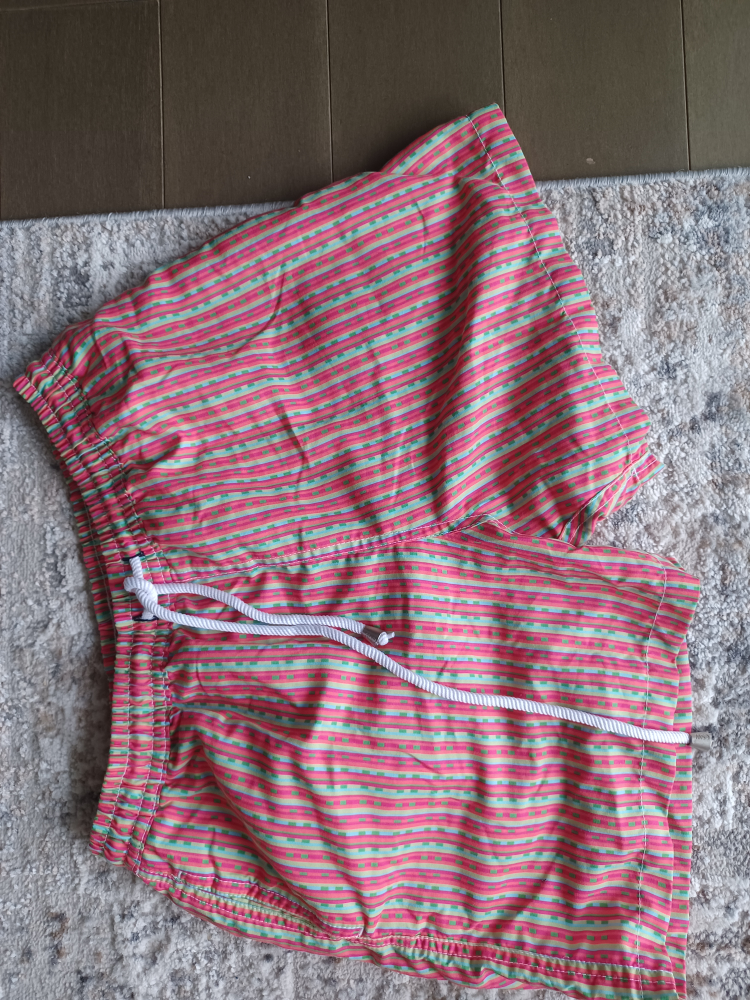 Pink and Green Striped Swim Trunks
