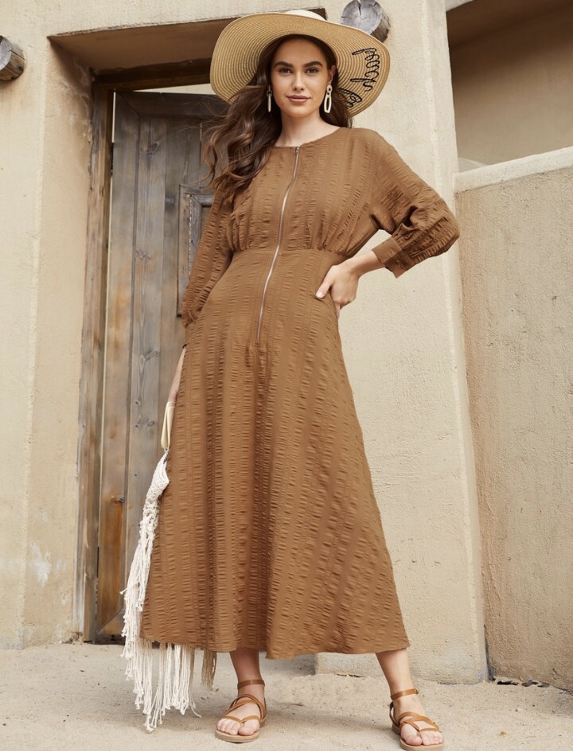 Brown Long Sleeve Maxi Dress