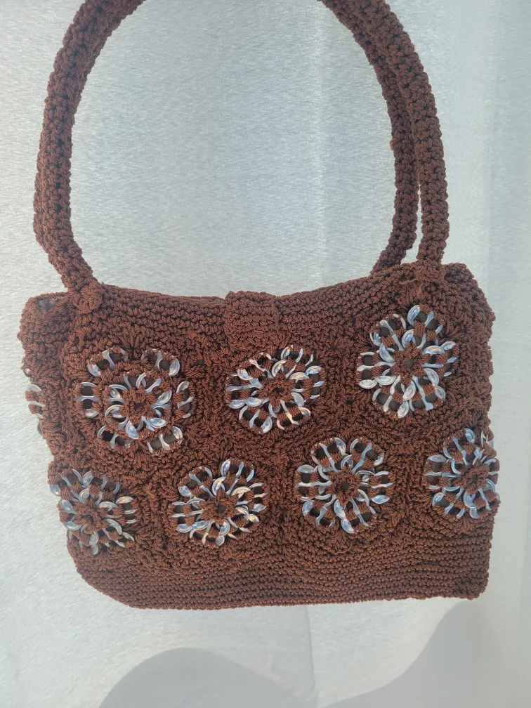 Brown Crocheted Bag with Metal Flowers thumbnail