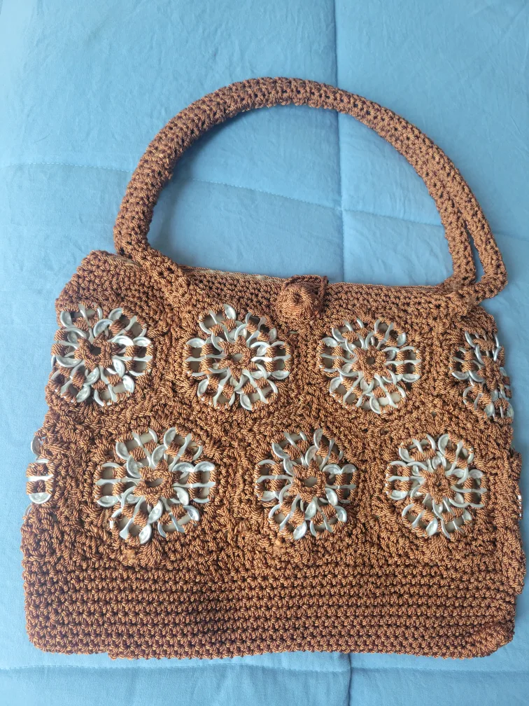 Brown Crocheted Bag with Metal Flowers image indicator(2)