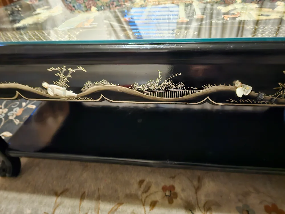 Asian black lacquer & Mother of Pearl glass-top coffee table image indicator(3)