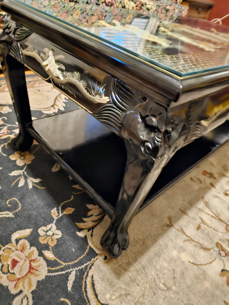 Asian black lacquer & Mother of Pearl glass-top coffee table image indicator(8)