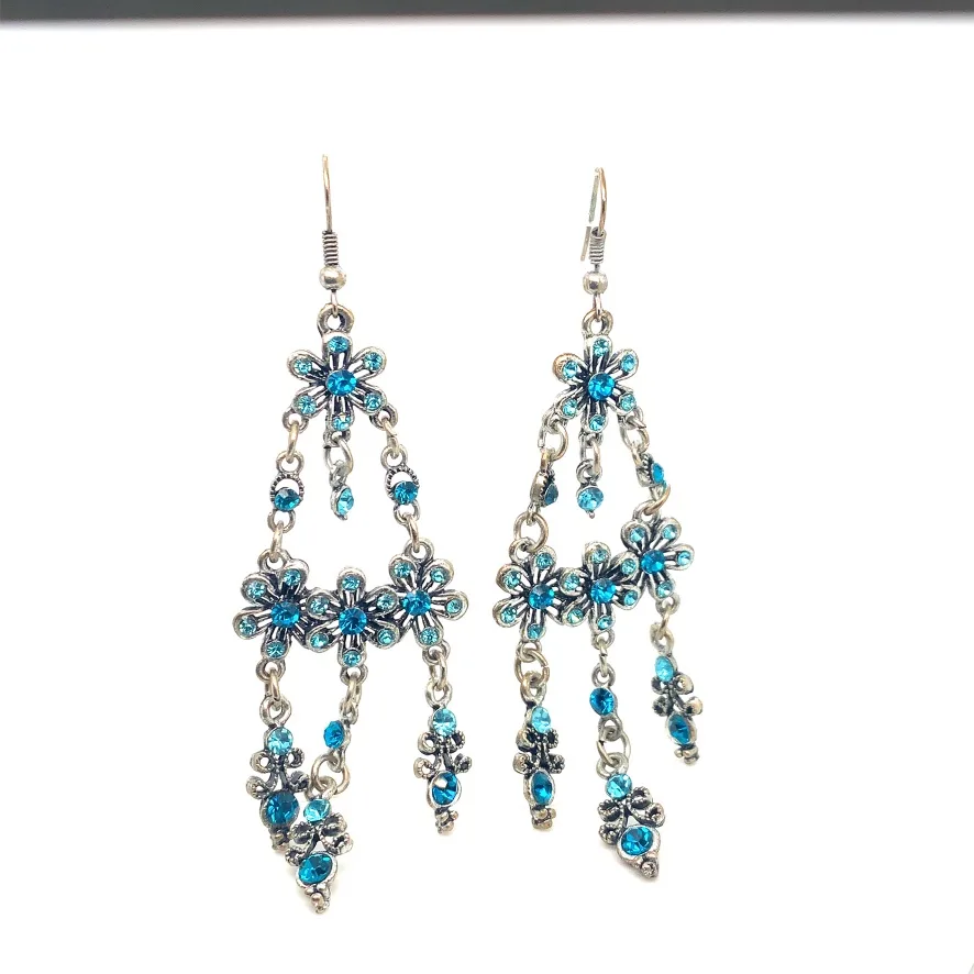 Blue Rhinestones Flower Chandelier Earrings image indicator(6)