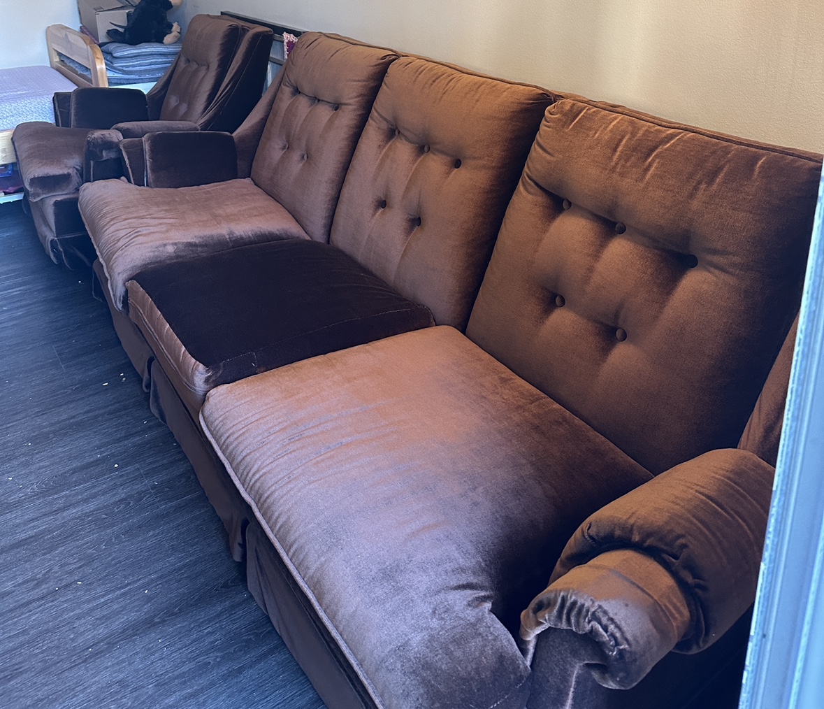 Brown Velvet Sofa and one Chair