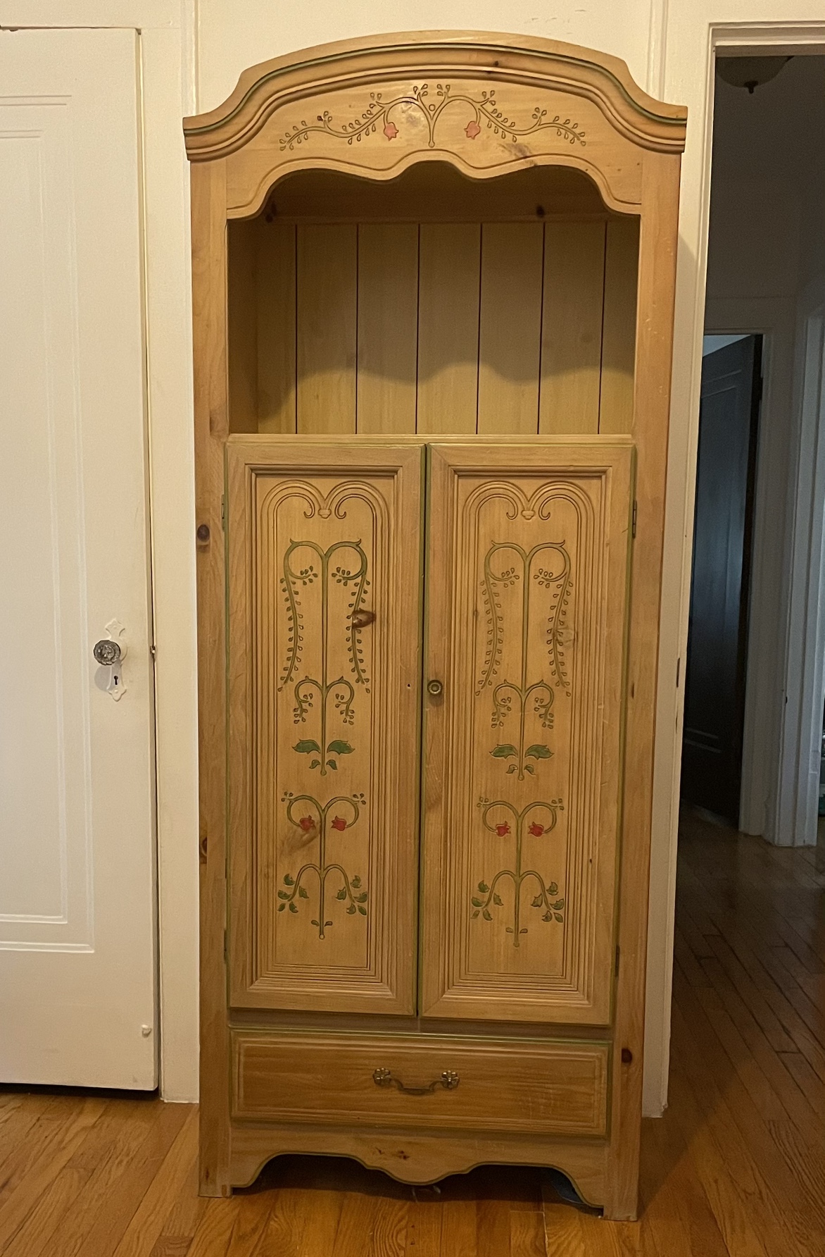 Wooden Armoire with shelves with Nightstand , dresser and chest. - photo 2