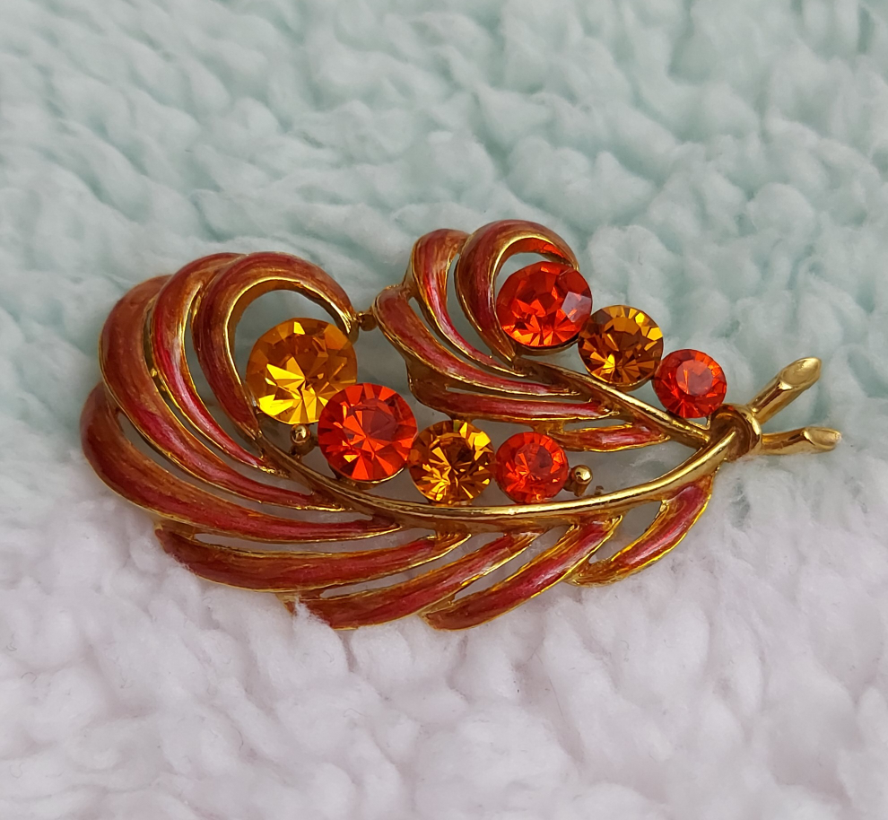 Orange and Yellow Rhinestone Brooch