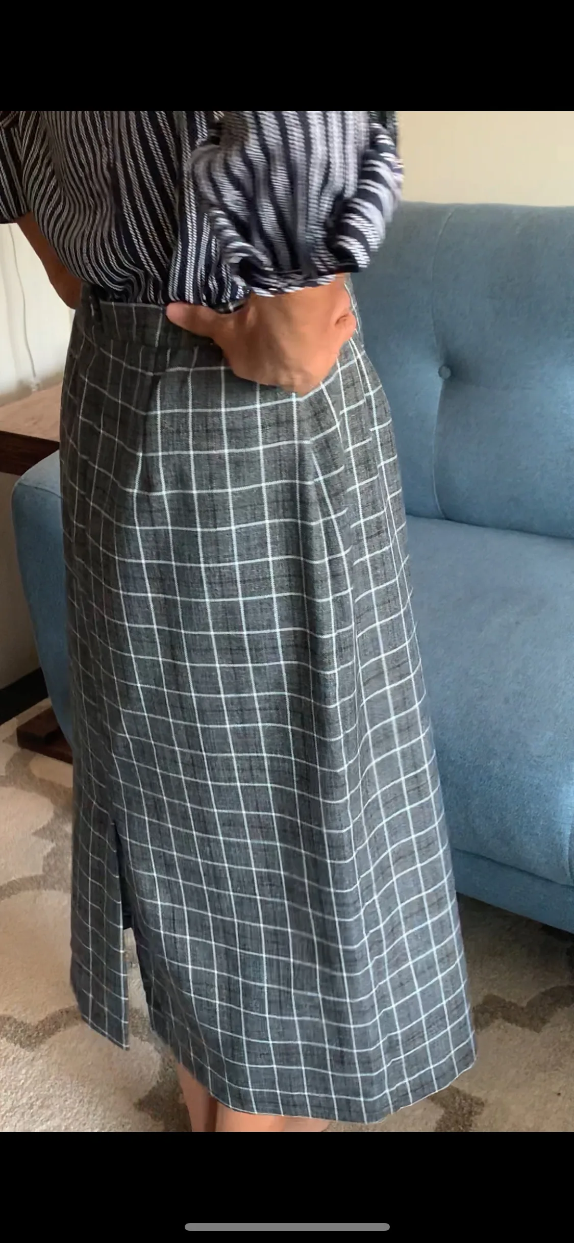 Vintage Grey, Blue, Black, and White Plaid Midi Skirt image indicator(4)