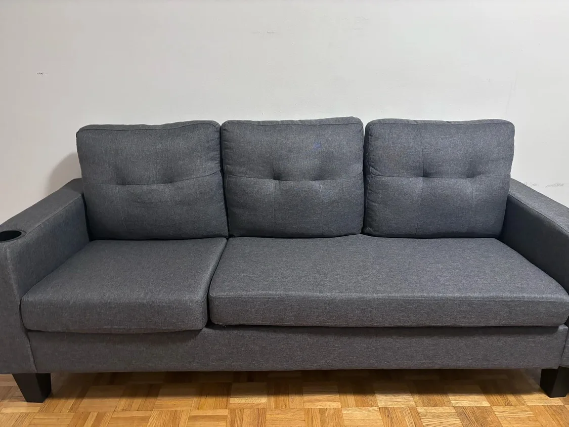 Like New - Grey Sofa with Cup Holders image indicator(3)